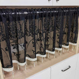elvesmall Black Lace Short Curtain for Cabinet Kitchen Sheer Voile Drape With Tassel Beads Partition Dustproof Study Blinds