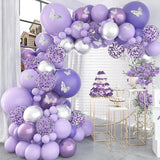 elvesmall Macaron Purple Balloons Garland Arch Kit Metallic Purple Silver Latex Balloon Birthday Party 3D Butterfly Background Decoration