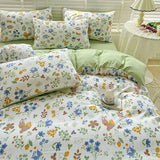 elvesmall Double-layer Cotton and Linen Bedding Set Four-piece Floral Washed Cotton Quilt Cover Net Celebrity Bed Sheet Student BeddingSet