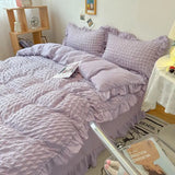 elvesmall Euro Solid Color Ruffle Bedding Sets Girl Couple Fluffy Queen Duvet Cover With Bed Skirt Pillowcase Bedroom Comfort 4 Pieces Set