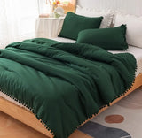 elvesmall  Pink Full Ball Pom Fringe Design Comforter Set 3pcs, Boho Aesthetic Luxurious Full Bedding Set, Vintage Ultra Soft Microfiber