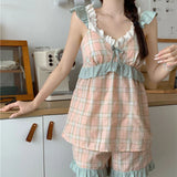 elvesmall  Plaid Sleepwear Women Pajama Sets Summer Pijama Shorts Sets 2 Pieces Korean Ruffles Night Wears Lace Pyjamas V-neck Home Suit