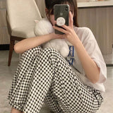 elvesmall Korean Style Pajamas Pants for Women Sleep Plaid Sleepwear Summer Ankle Length Bottoms Home Room Elastic Waist Sleeping Wear New