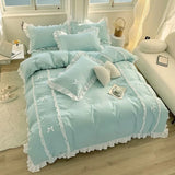 elvesmall Korean Princess Style Bedding Sets Ins Lace Bowknot Duvet Cover Fitted Sheet For Girl Woman Home Bedroom Kawaii Bed Linens