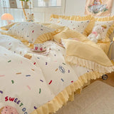 elvesmall Fashion Lattice Bedding Set Bed Sheet Cute Princess AB Double Sided Ruffle Flower Quilt Cover Pillowcase Bedclothes Home Textile