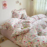 elvesmall Pink Tulip Duvet Cover Set Ins Korean Style with Flat Sheet Pillowcase No filler Washed Cotton Queen Full Twin Home Bed Linen