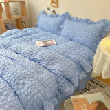 elvesmall Euro Solid Color Ruffle Bedding Sets Girl Couple Fluffy Queen Duvet Cover With Bed Skirt Pillowcase Bedroom Comfort 4 Pieces Set