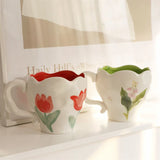 elvesmall Korean Style Ins Niche Hand-painted Tulip Bleed Orchid Hand-kneaded Ceramic Cup Office Cute Mug Household Simple Dessert Cup