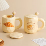 elvesmall  -  1pc Ceramic Mug with Spoon and Lid Cute Ceramic Coffee Milk Cup Cartoon Cup Steaming Microwave Cup kitchenware Gift for Girls