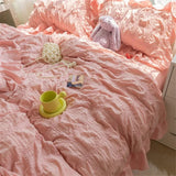 elvesmall  Princess Seersucker Kawaii Bedding Set Lovely Ruffles Girl Duvet Cover Set Solid Color Soft Comfortable Bed Sets
