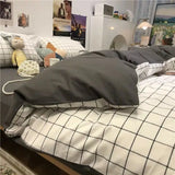 elvesmall Simple Plaid Style Duvet Cover with Pillowcases Flat Sheet Skin-friendly Quilt Cover Twin Bed Linens Adults Boys Bedding Sets