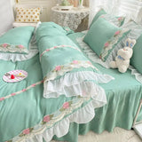 elvesmall Korean Princess Bedding Set Flowers Lace Ruffles Duvet Cover Set Bed Sheet Pillowcase Solid Color Bed Linen for Girls Queen Size