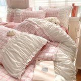 elvesmall Korean Style Princess Bedding Set Luxury Pink Lattice Duvet Cover Ruffles Lace Bedspread Bed Sheet Pillowcases