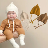 elvesmall Autumn Winter Ear Protection Baby Hat Warm Knitted Kids Lacing Cap Solid Color Infant Boy Girls Beanie Bonnet Enfant