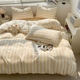 elvesmall Washed Cotton Double Yarn Crepe Striped Quilt Set 3-4 Pillowcase with Sheet Bedding Cover Supplies 200x230 220x240 Skin Friendly