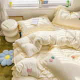 elvesmall Bed Linen Bedding Set 2024 Korean Princess Style Lace  Towel Embryos  Washing Cotton Four PIECE Set Duvet Cover With Pillowcase