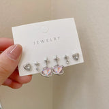 elvesmall 6pcs/set Women Silver Color Y2K Pink Crystal Heart Stud Earring Korean Trendy Punk Sweet Cool Bow Star Earring Aesthetic Jewelry