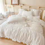 elvesmall  Pearl Lace Decorate Bedding Sets Luxury Snow White Egyptian Cotton Princess Wedding Pleated Duvet Cover Bed Sheet Pillowcases