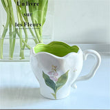 elvesmall  -  Korean Style Ins Niche Hand-painted Tulip Bleed Orchid Hand-kneaded Ceramic Cup Office Cute Mug Household Simple Dessert Cup