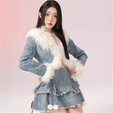 srczz  -  Sweet Hot Girl Suit Women's Autumn/winter Denim Patchwork Furry Short Coat A-line Skirt Two-piece Set Fashion Female Clothes