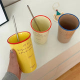 elvesmall Luxury Korean Coffee Cup With Straw Aesthetic Ceramic Mug For Tea Milk Water Juice Mocha Lover Breakfast Cup Birthday Gift 450ml