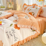 elvesmall Fashion Lattice Bedding Set Bed Sheet Cute Princess AB Double Sided Ruffle Flower Quilt Cover Pillowcase Bedclothes Home Textile