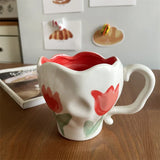 elvesmall Korean Style Ins Niche Hand-painted Tulip Bleed Orchid Hand-kneaded Ceramic Cup Office Cute Mug Household Simple Dessert Cup