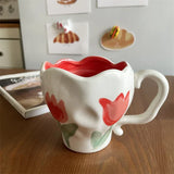 elvesmall  -  Korean Style Ins Niche Hand-painted Tulip Bleed Orchid Hand-kneaded Ceramic Cup Office Cute Mug Household Simple Dessert Cup