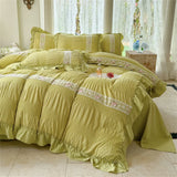 elvesmall Korean Style Bed Set Seersucker Flower Embroidery Four Piece Set With Lace Bed Flat Sheet Pillowcase Duvet Cover Set Textiles
