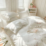 elvesmall 100% Cotton Princess White Bedding Sets Korean Ruffle Bedspread Flower Embroidery Duvet Cover Bed Skirt Pillowcases Home Textile