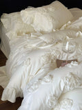 elvesmall  Princess Style 3D Flower Bedding Set 100 Thread Count Autumn and Winter Cotton Duvet Cover Solid White Quilt Covers with Ruffles