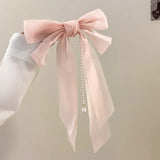 elvesmall Elegant Bow Ribbon Hairpin for Women Long Tassels Pearl Pin Bowknot Stain Hair Clip Retro Headband Girl Hair Accessories Jewelry