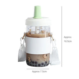 elvesmall  -  Kawaii Cat Bubble Tea Glass Water Bottle With Straw PU Sleeve Cute Boba Coffee Milk Cups Portable Girl Drinking Bottle BPA Free