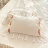 elvesmall Korean Princess Bedding Set Flowers Lace Ruffles Duvet Cover Set Bed Sheet Pillowcase Solid Color Bed Linen for Girls Queen Size