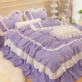 elvesmall  INS Korean Princess Bedding Kawaii Ruffle Lace Bed Skirt Duvet Cover Solid Color Queen Size For Girls Woman Home Textiles
