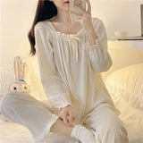 elvesmall Ruffles Sleepwear Women Pajama Sets Lace-up Long Pants Sets 2 Pieces Piiama Solid Korean Style Full Sleeve Autumn Night Wears