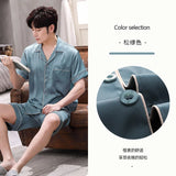elvesmall  Summer Men's Pajamas Suit Short Sleeve Ice Silk Sleepwear Set Thin Loose Satin Solid Two Piece Home Night Clothing Male Teen