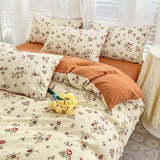 elvesmall Double-layer Cotton and Linen Bedding Set Four-piece Floral Washed Cotton Quilt Cover Net Celebrity Bed Sheet Student BeddingSet