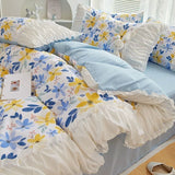 elvesmall  INS Princess Style Flower Bedding Set Duvet Cover With Ruffle Lace Bed Sheet Pillowcases Kawaii Girl Woman Bedroom Home Textiles