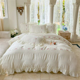 elvesmall Korean Style Bed Set Seersucker Flower Embroidery Four Piece Set With Lace Bed Flat Sheet Pillowcase Duvet Cover Set Textiles