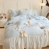 elvesmall  Korean Princess Style Cotton Bedding Set Single Queen King Pleat Ruffles White Ball Duvet Cover Set Bed Sheet Pillowcases