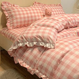 elvesmall Fashion Lattice Bedding Set Bed Sheet Cute Princess AB Double Sided Ruffle Flower Quilt Cover Pillowcase Bedclothes Home Textile