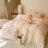 elvesmall Chic Ruffle Lace Edge Sweet Princess Style Nature Soft Skin Friendly 4pcs Bedding set Bed Sheet Pillowcases Twin Queen King