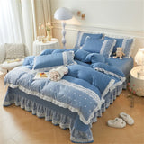 elvesmall Korean Luxury Lace Ruffles Bedding Set Skin-Friendly Washed Cotton Princess Style Duvet Cover Bed Sheet Pillowcase Home Textiles
