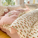 elvesmall Cute Korean Heart Duvet Cover Set with Flat Sheet Pillowcase Twin Queen Girls Women Home Decor Floral Bedding Linen No filler