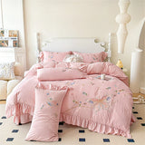 elvesmall Bedding Set Summer Embroidery Washed Cotton Bed Sheet Quilt Cover Duvet Cover Student Dormitory Skin Friendly Four-Piece Sets