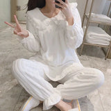 elvesmall Square Collar Women Pajamas Set Winter Sleepwear Fleece Velvet 2 Piece Pant Home Suit Fluffy Korean Solid Piiama Warm Night Wear