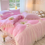 elvesmall Winter Bedding Set Thick Double Sided Milk Velvet  Lace Coral Velvet  Meeting Set Bed Sheet Duvet Cover Set Comforter Set Warm