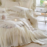 elvesmall  Romantic French Wedding Bedding Set 1000TC Egyptian Cotton Rose Flowers Embroidery Ruffles Duvet Cover Set Bed Sheet Pillowcases