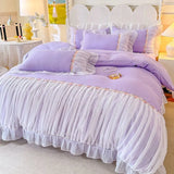 elvesmall Light Luxury French Four-piece Bedding Set Washed Cotton High-grade Fairy Bed Cover Bed Solid Color Bed Sheet Quilt Cover
